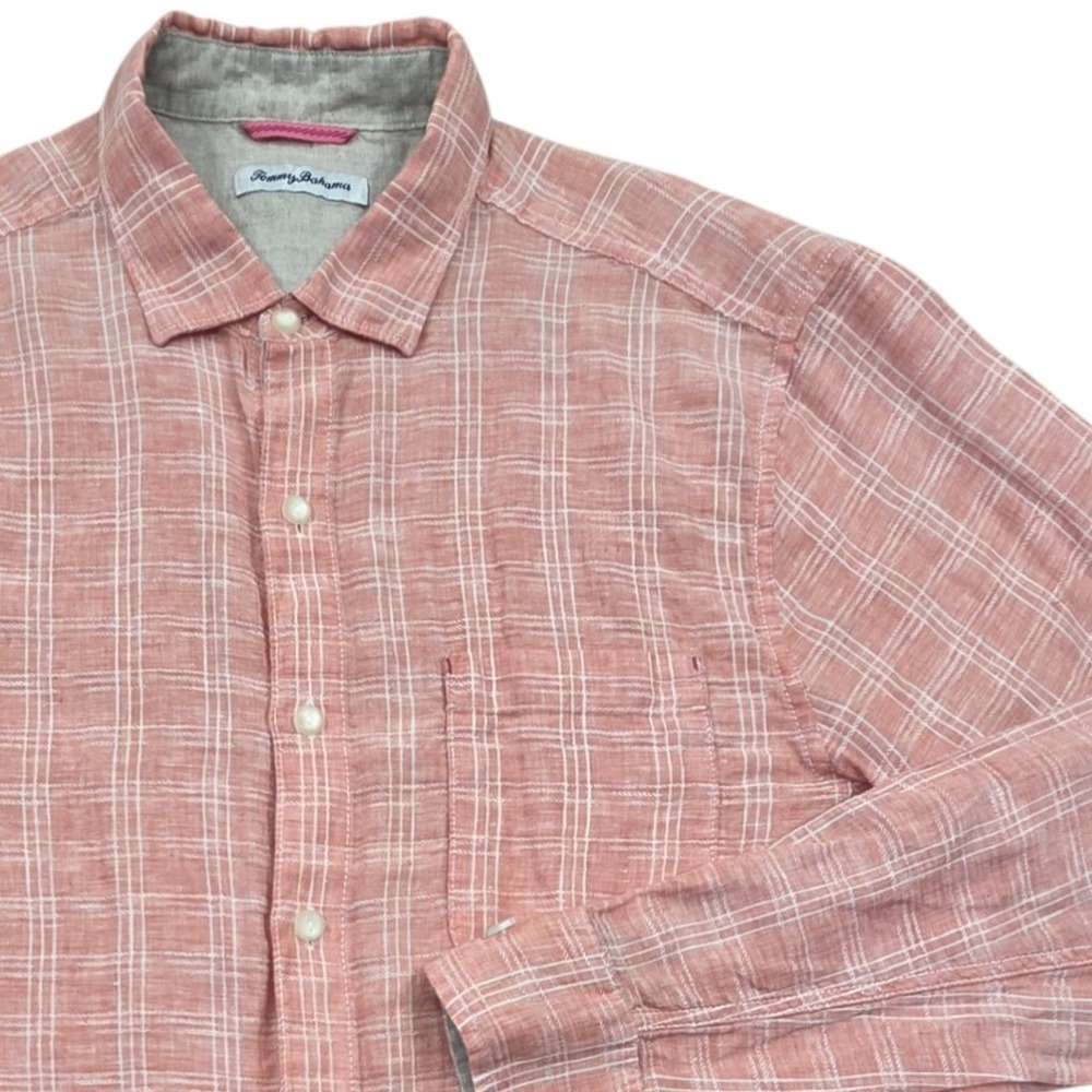 Tommy Bahama Ventana Plaid Linen Shirt Mens Large Coral Pink Long Sleeve Shirt